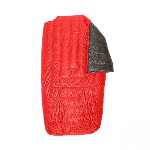 slightly open front view of a red shell lightweight down multiple person sleeping bag quilt with a black interior