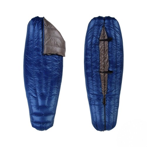 slightly open view of a navy blue shell lightweight down sleeping bag quilt with a charcoal gray interior 