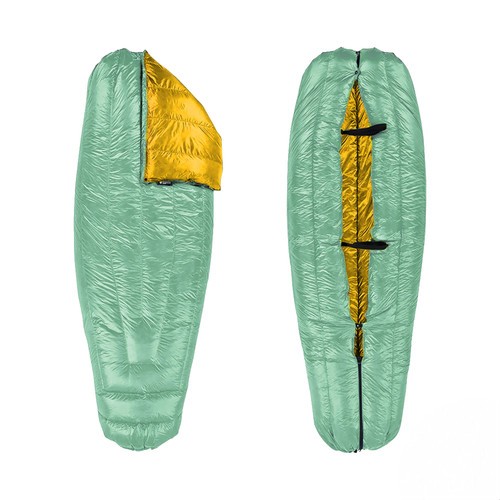 slightly open view of a robins egg blue shell lightweight down sleeping bag quilt with a yellow interior