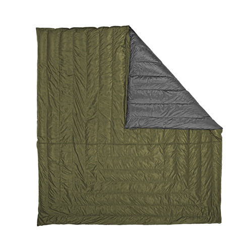 slightly open front view of an Ranger Green shell lightweight down comforter blanket sleeping bag quilt with a charcoal grey interior