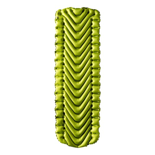 front view of a green lightweight, comfortable, cost effective, packable,  sleeping pad made from light fabrics and polyester