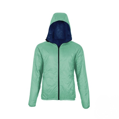 Front view of a men's robins egg blue shell lightweight, warm, wind protection, and, moisture resistant, insulated, jacket with navy liner
