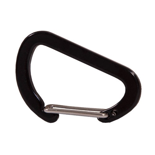 front view of a branded black carabiner clip used for ham-mocking/camping or daily tasks