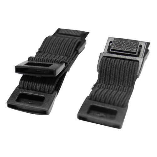 front and back view of black quilt layering adapters used for connecting 2 quilts with the original straps