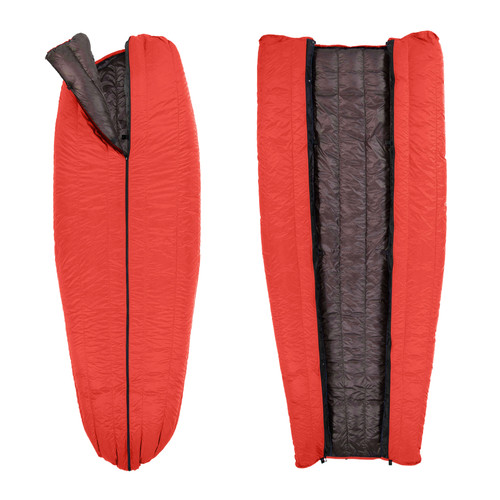 slightly open front and back view of a red shell lightweight down sleeping bag quilt with a charcoal gray interior