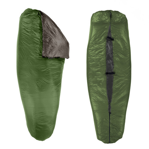 slightly open front and back view of a forest green shell lightweight synthetic sleeping bag quilt with a charcoal gray interior