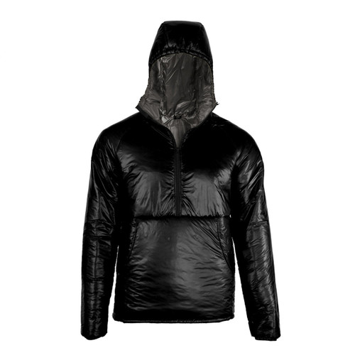 front view of a mens black shell, lightweight, synthetic insulated, warm temperature, durable pullover zip up jacket with a charcoal liner