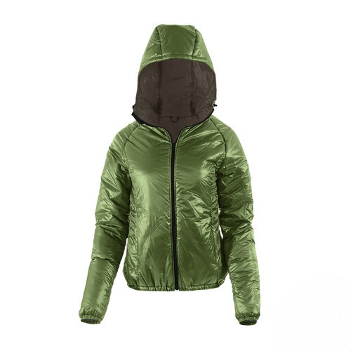 front view of a women's forest green shell lightweight, warm, wind protection, and, moisture resistant, insulated, jacket with charcoal liner