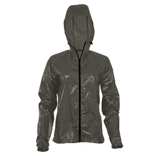 front view of a women's charcoal lightweight, packable, wind manageable, warm temperature shirt jacket