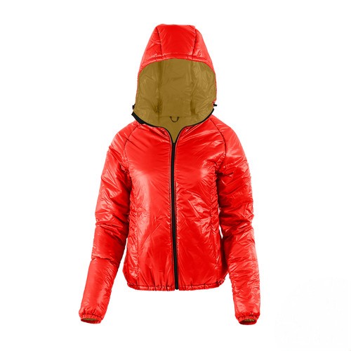 front view of a women's red shell lightweight, warm, wind protection, and, moisture resistant, insulated, jacket with coyote liner