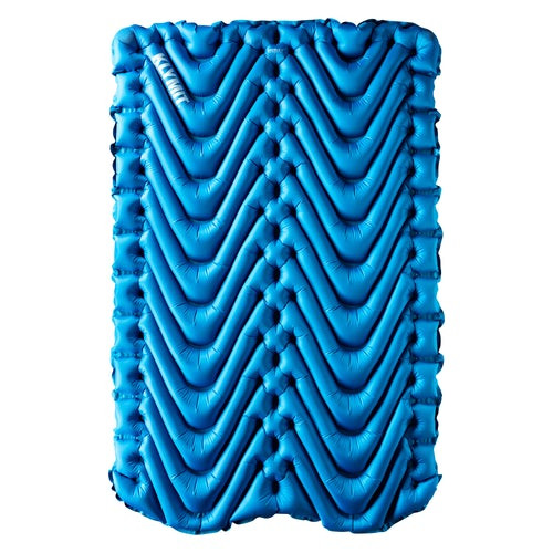 front view of a blue lightweight side by side, easy, comfortable, cost effective, packable,  sleeping pad made from light fabrics and polyester